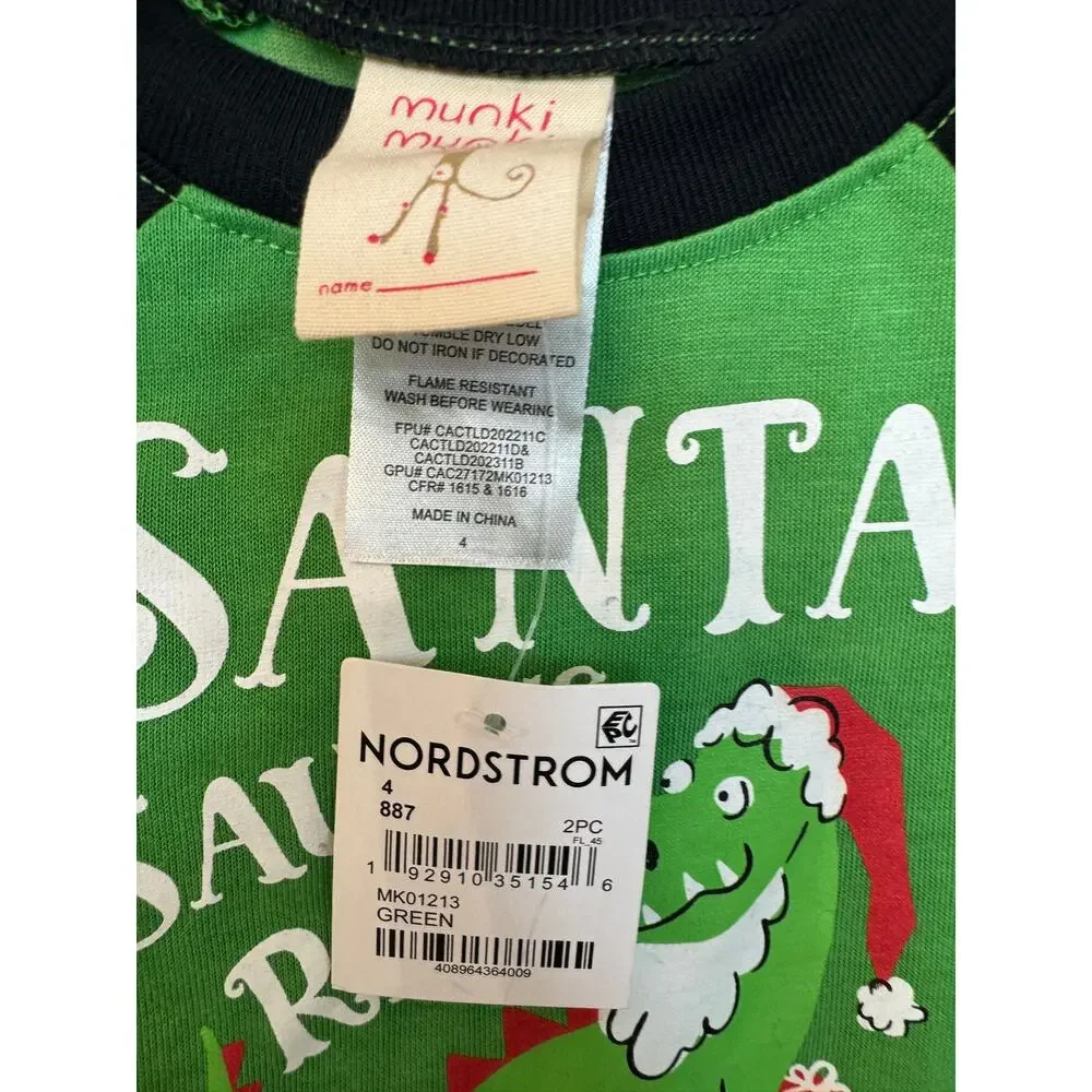 New ~ MUNKI MUNKI ~ Unisex Kids Green Red Santasaurus Rex 2Pc Pajama Set Size 4